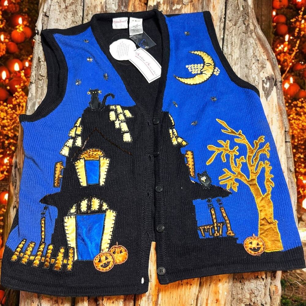 Bobbie Brooks XL Halloween Sweater Vest Haunted House Pumpkins & Cat Design ugly